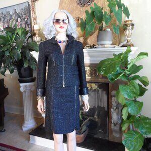 Per Se Black Tweed Wool Blend Skirt Suit w/Exposed Zipper Details Size 2